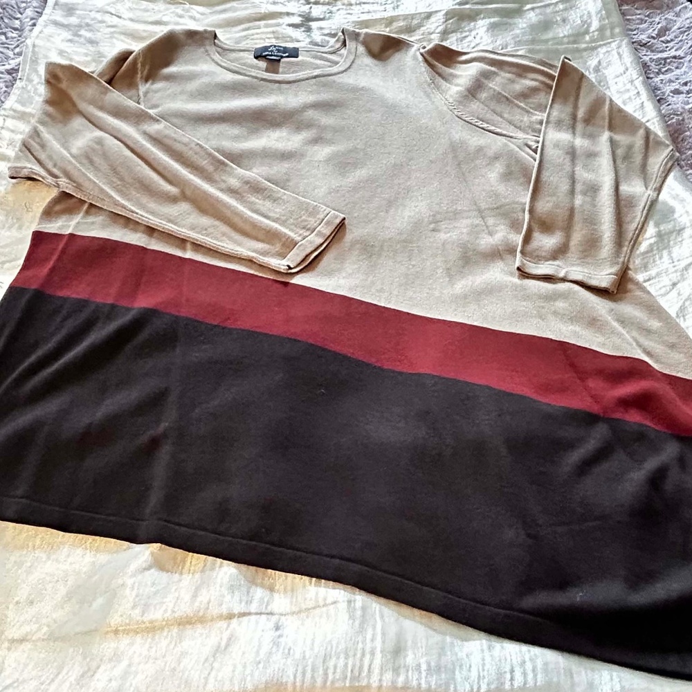 TUNIC, CAMEL/RED/BLACK, SIZE 3X, ASYMMETRICAL HEM, LONG SLEEVES, RELAXED FIT,
